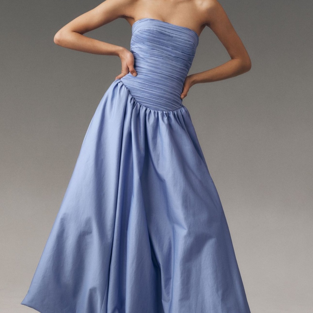 Strapless Sky Blue Ruched Bodice Evening Gown